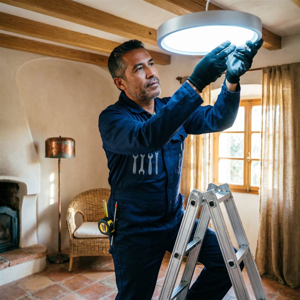 Instalación de plafón LED en el salón de un chalet de Moratalla